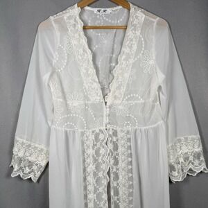 Sheer Lace Embroidered Robe Peignoir Duster Coquette Romantic White Sz XL